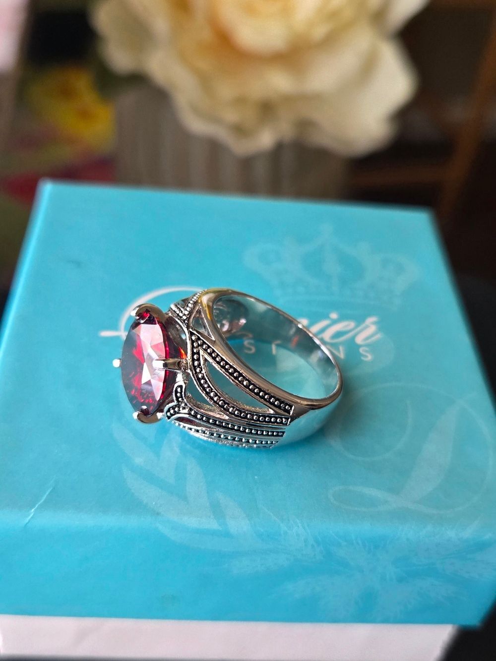Premier Designs Silver Ring With Scarlet Red Gemstone, Sz 9 View 2